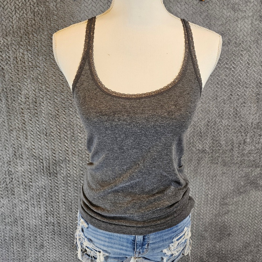 Gap‎ Body Womens Charcoal Gray Heather Lace Trim Racerback Tank Top Size S